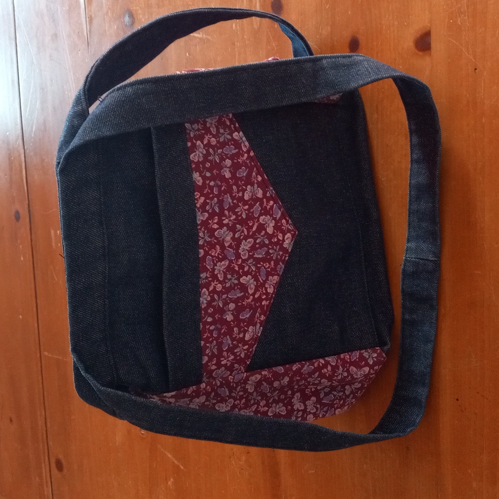 Homemade Denim and Burgundy Floral Collapsible Purse